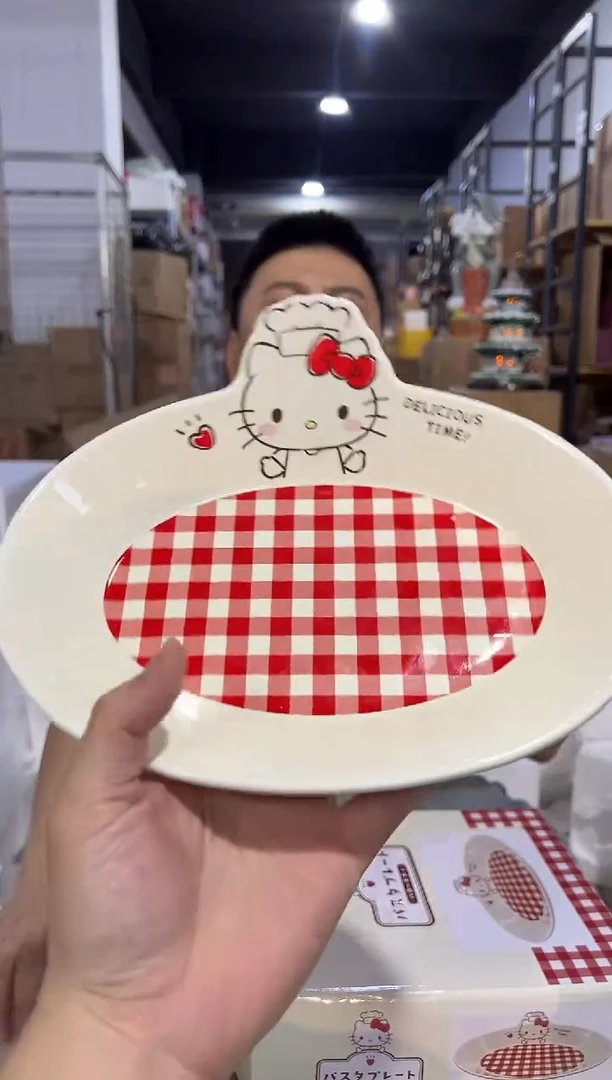 瓷片原盒kt猫红格子餐盘