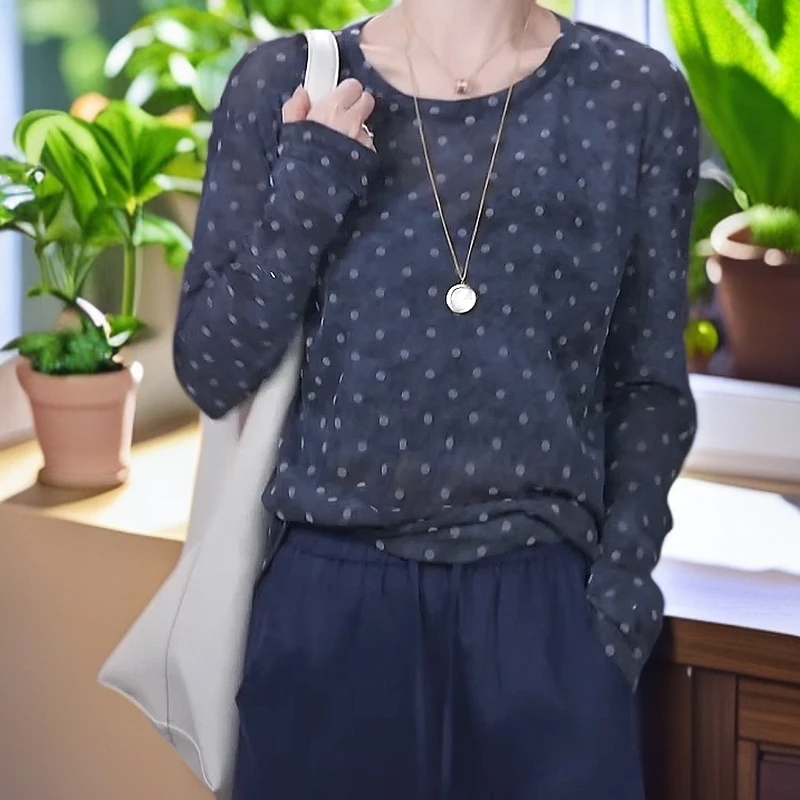 （魅力波点）夏季轻薄透气半开扣高级波点长袖防晒空调衫t恤上衣