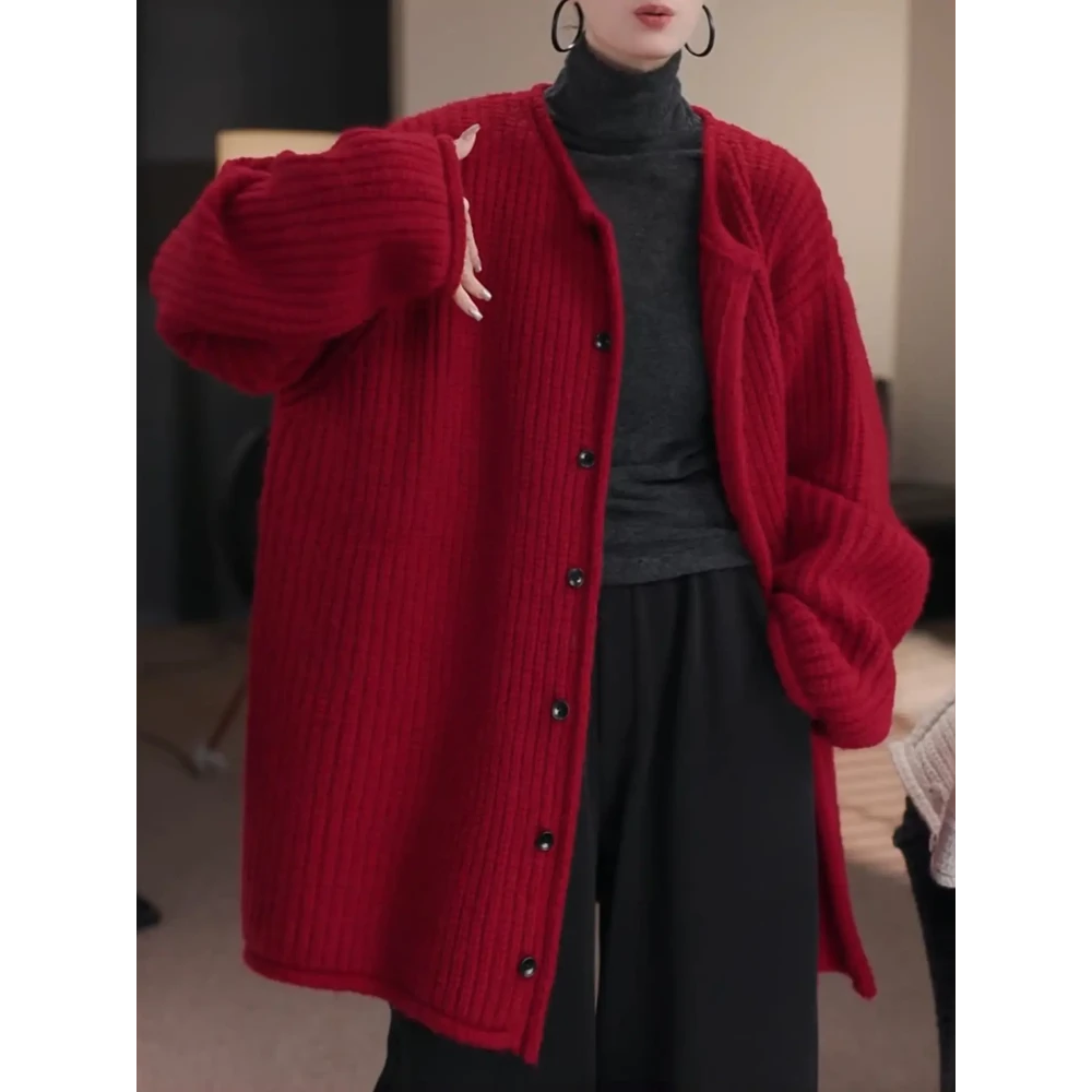 慵懒风红色中长款针织开衫女2025秋冬款长袖单排扣高级感毛衣外套