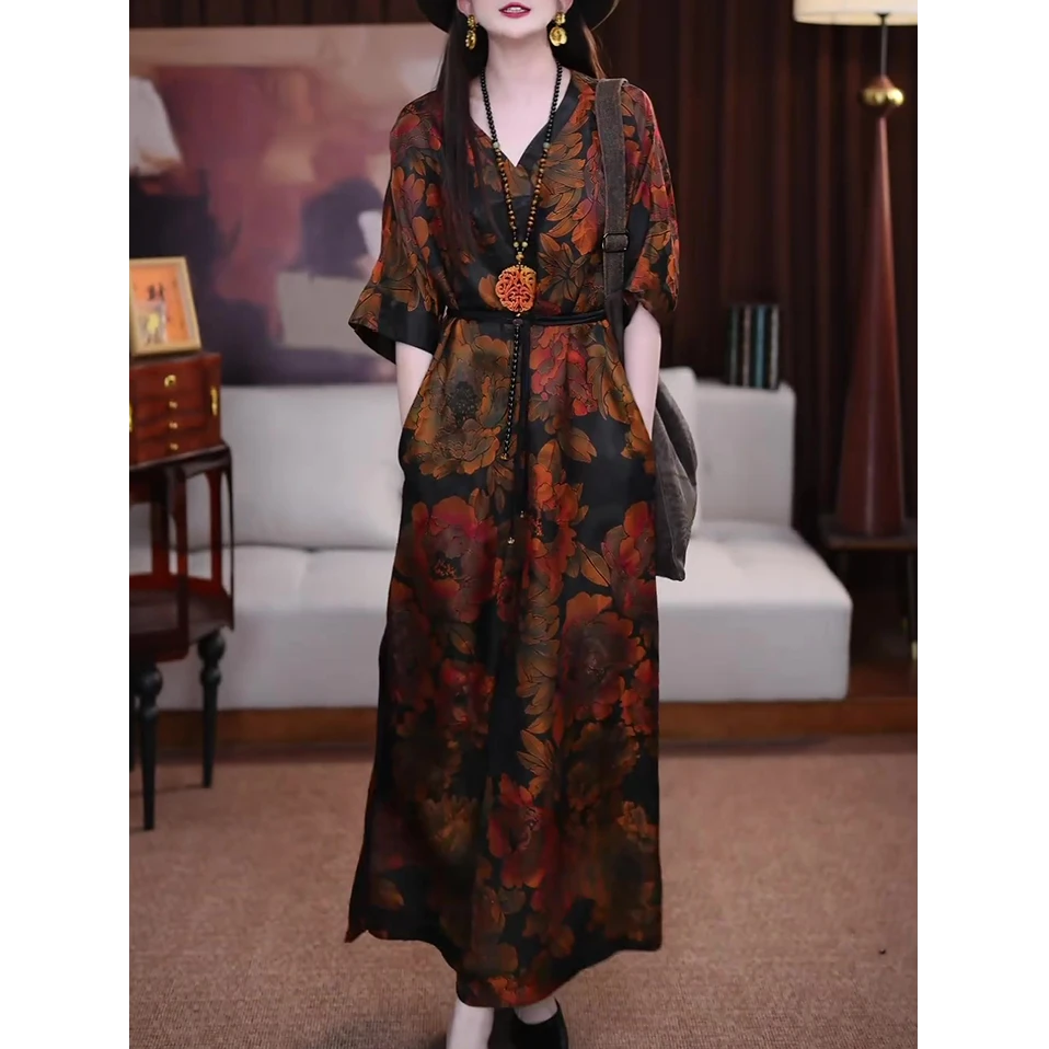 优雅气质时尚连衣裙2025夏装新款中年妈妈装大码宽松显瘦高贵长裙