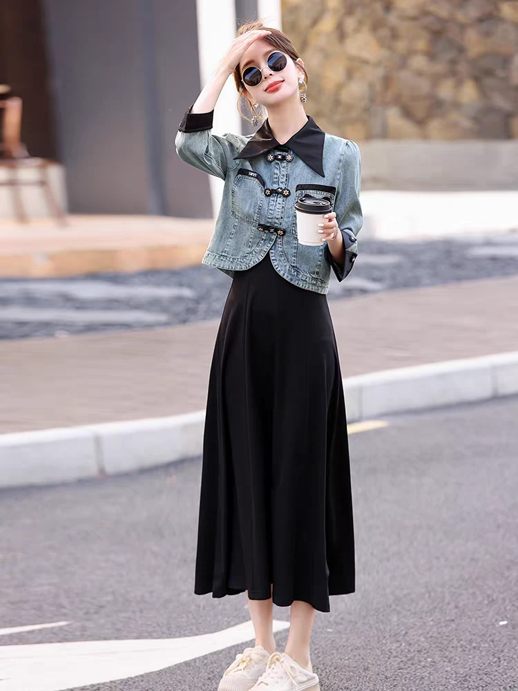 A403 佳LYR2025新款春装牛仔女减龄气质显瘦连衣裙两件套JLYR905