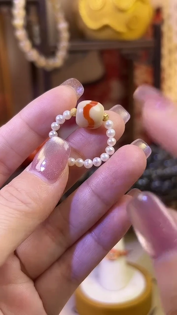 银S925镶嵌戒指淡水珍珠珍珠虎牙戒指