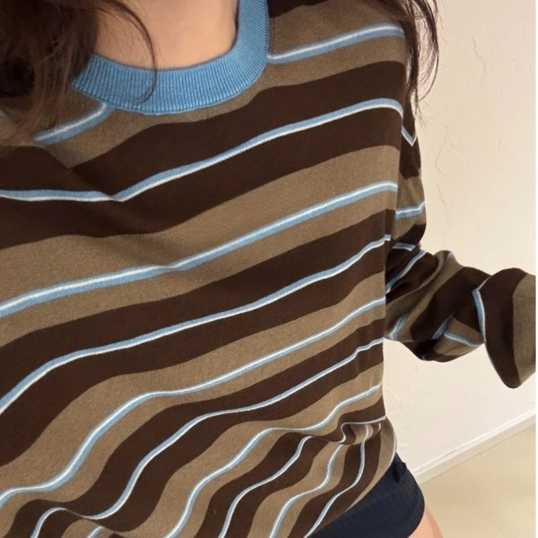 美式复古咖色条纹套头正肩长袖设计感绝美巨好看的针织小上衣秋季