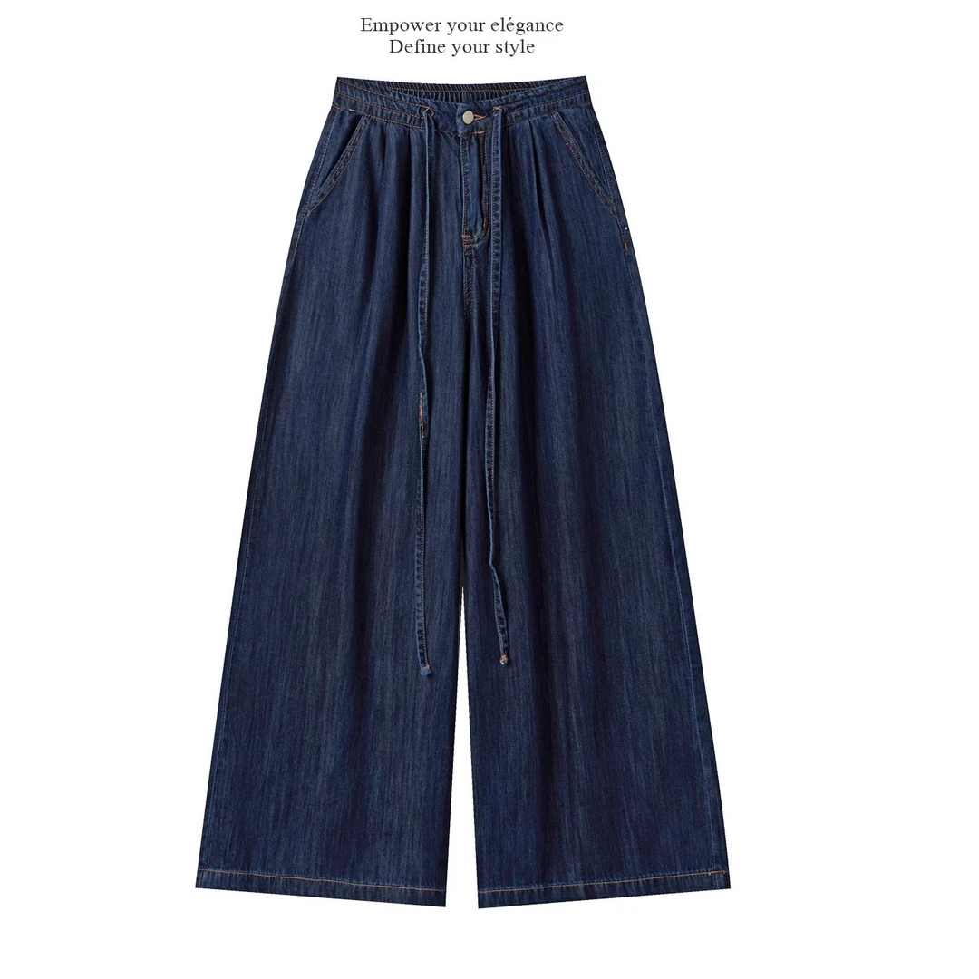 羊城故事-深蓝松紧腰牛仔裤女新款夏季通勤百搭阔腿直筒裤3298