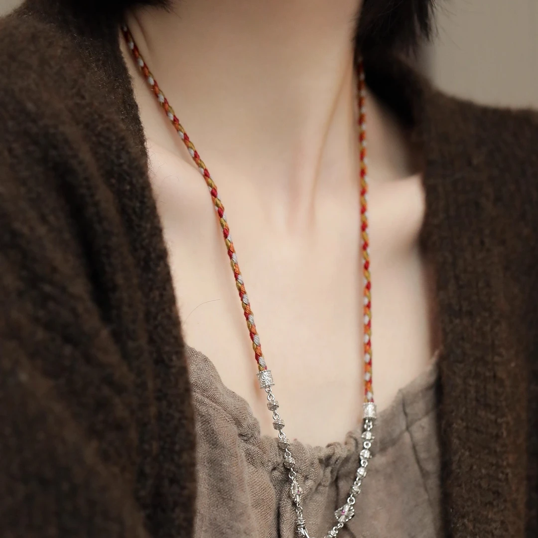 链子925银 N18727 克罗心十字架珠四叶草双扣编绳项链