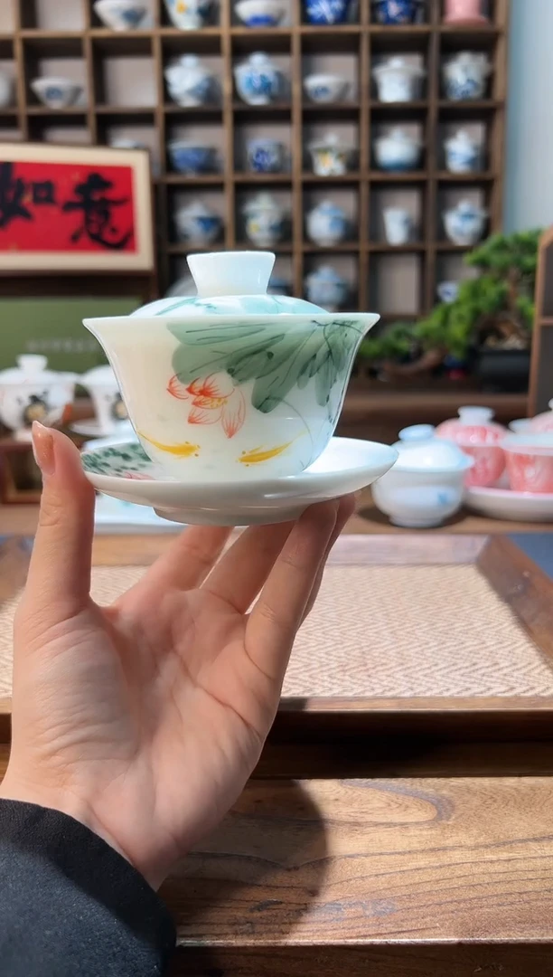 【闪购商品】五彩荷花锦鲤三才盖碗