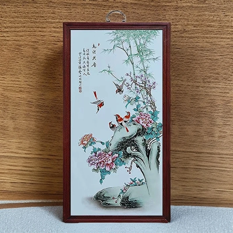 当代 景德镇瓷板画柴窑烧制玄关鸟语花香实木边框86*46cm