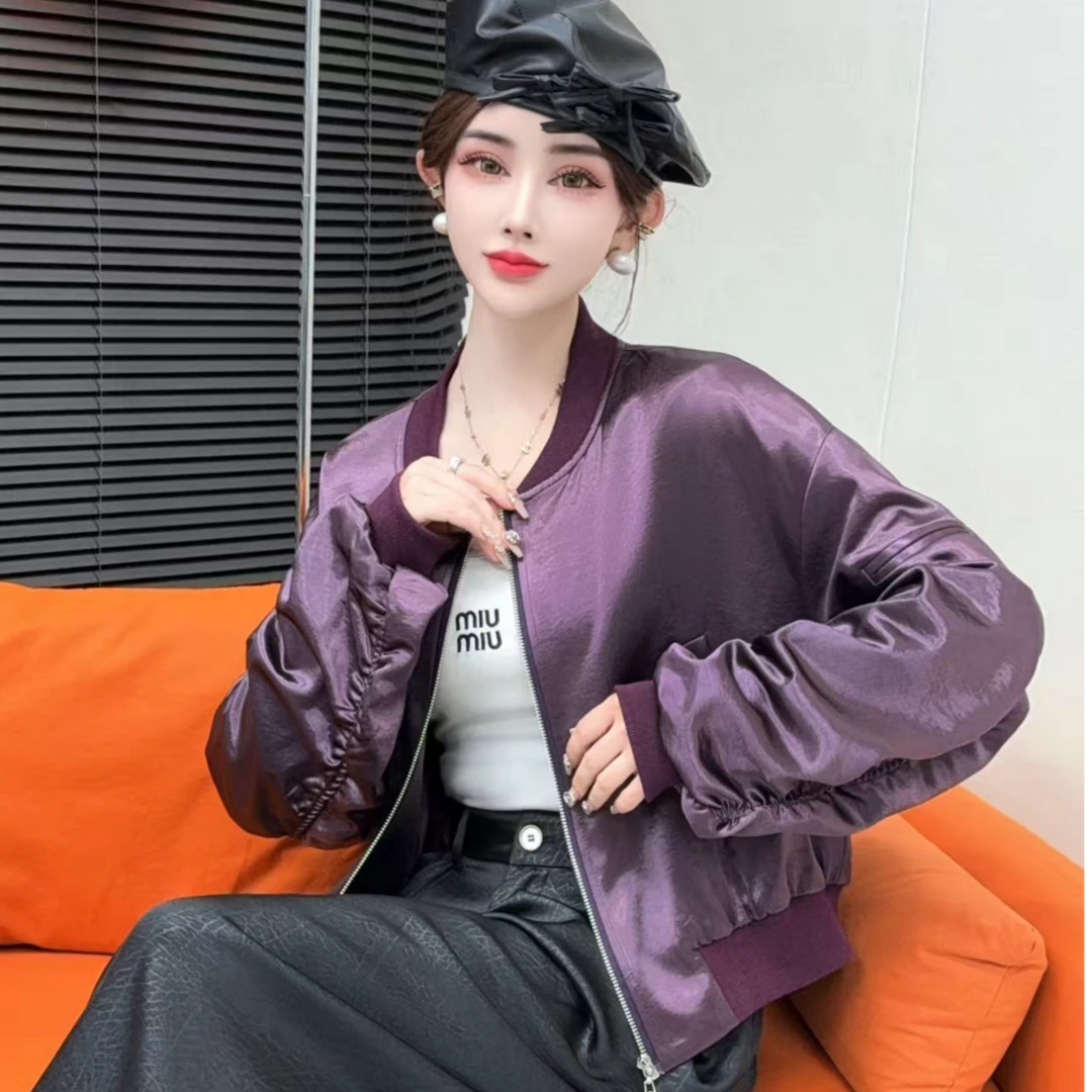 亮面棒球短外套外套小个子2025新款春秋宽松休闲短款百搭女士上衣