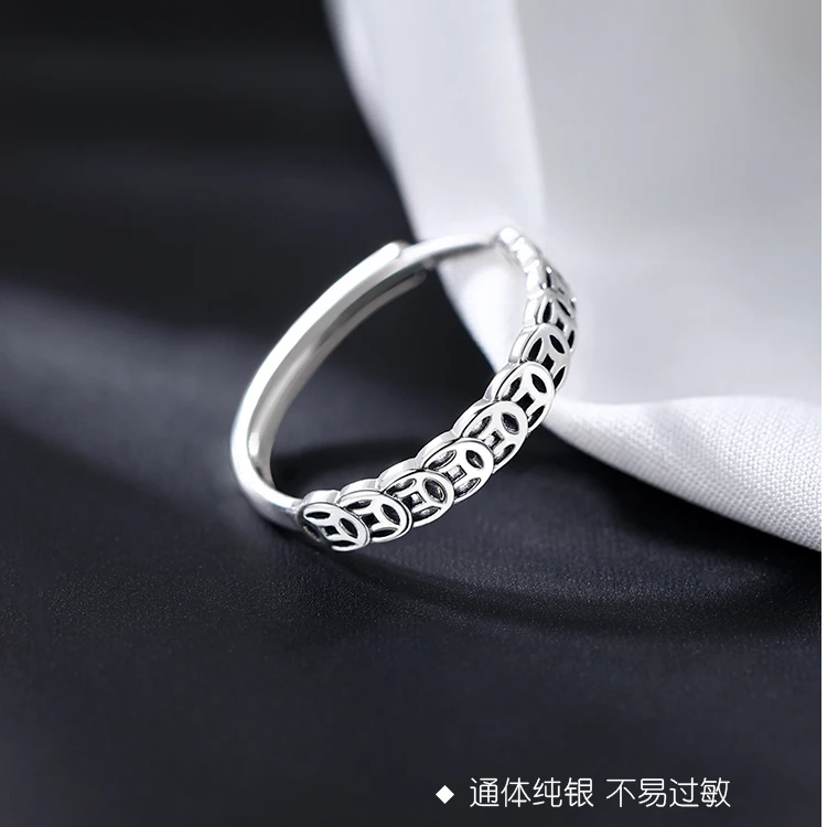 925银戒指 复古戒指招财聚财铜钱币戒指指环洗睡免摘时尚情侣对戒