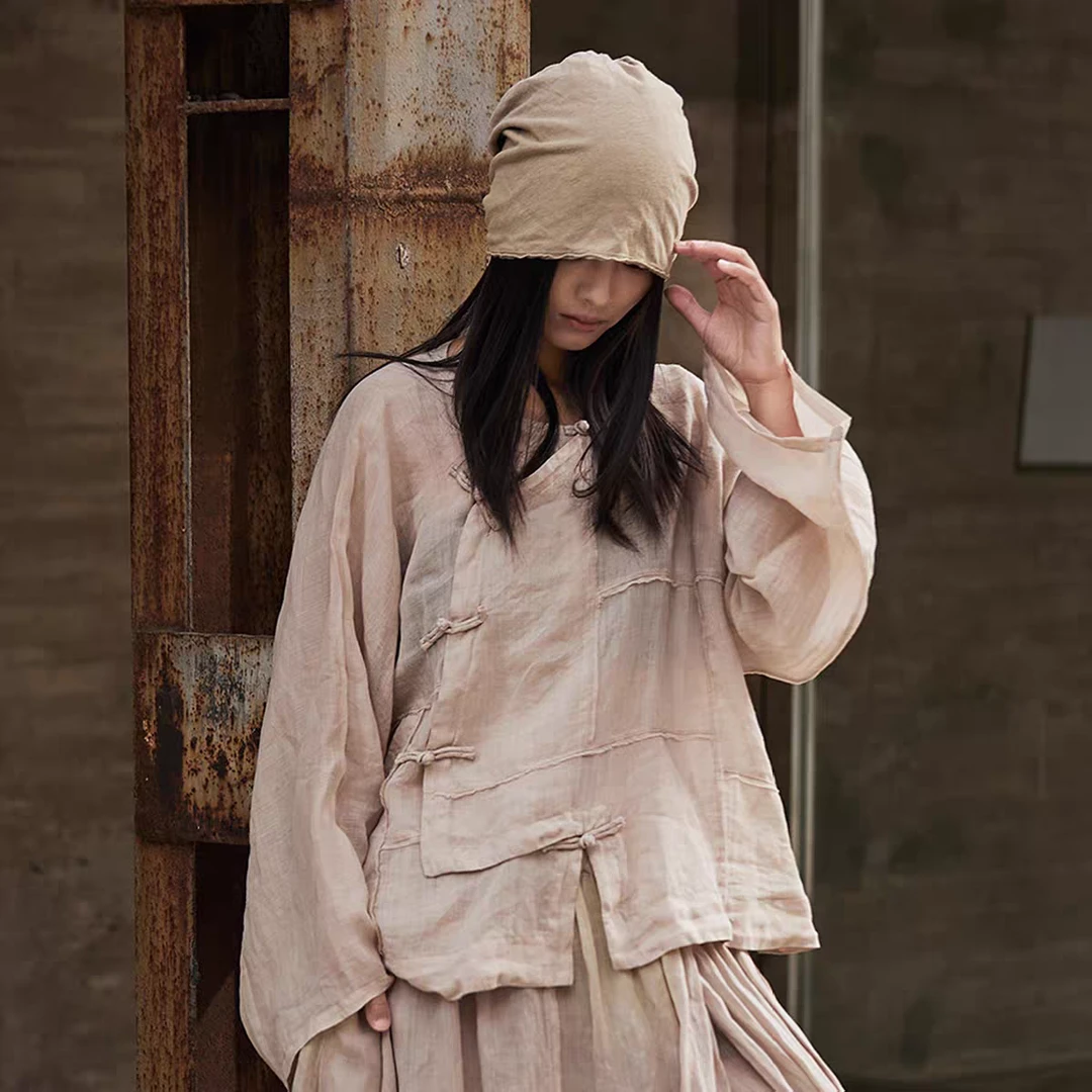 麻依者25夏款苎麻不规则休闲拼接盘扣文艺宽松复古衬衫上衣#M-111