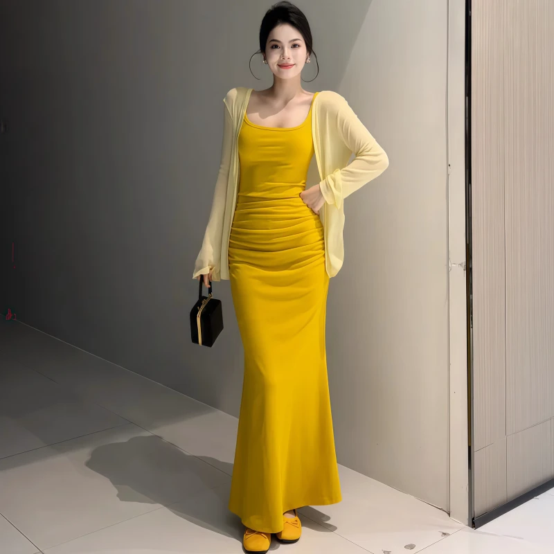 法式纯欲风辣妹性感吊带连衣裙女夏季新款修身显瘦包臀鱼尾长裙子