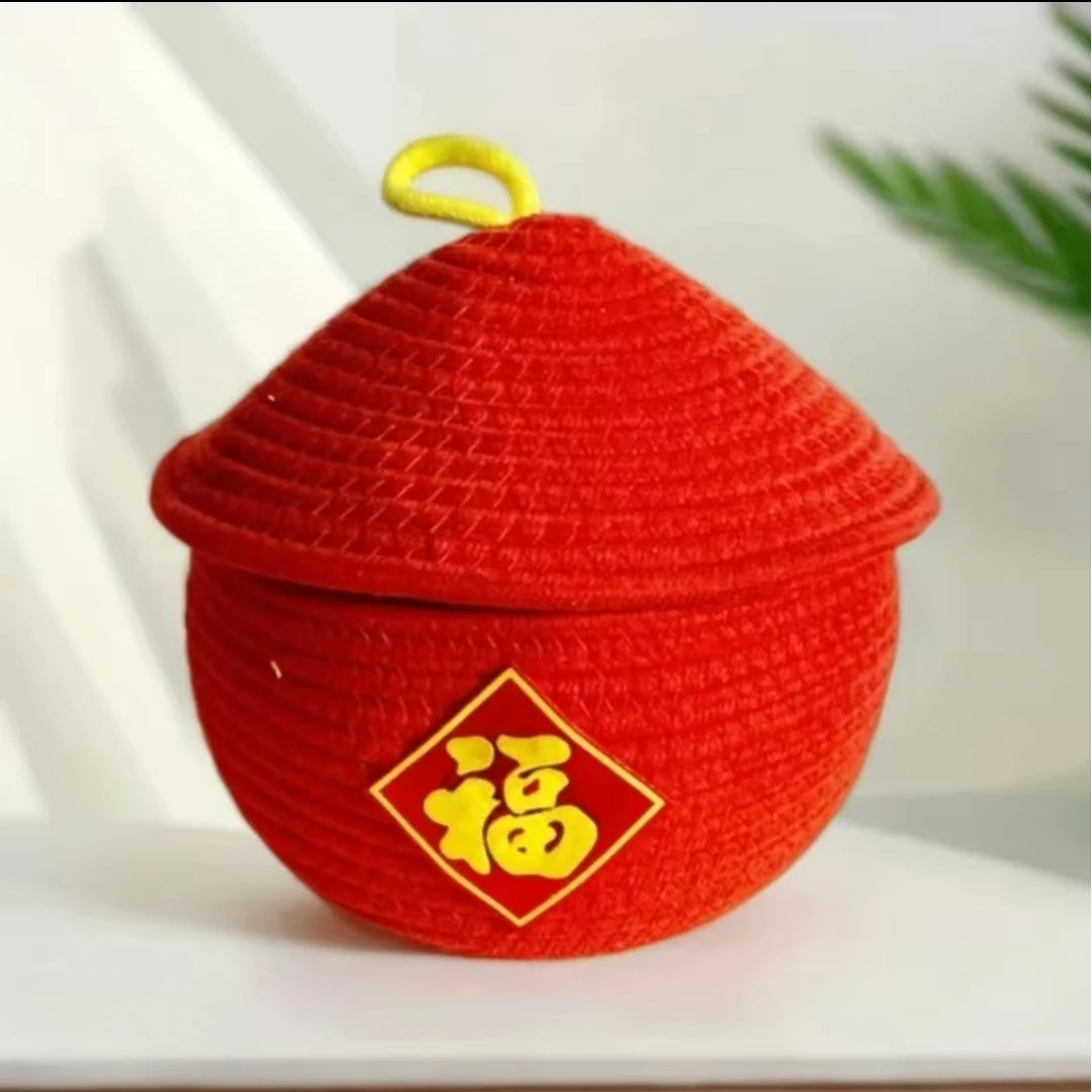 F7新年喜庆红福棉线带盖/创意家用遥控器文具收纳/可爱手工20*18