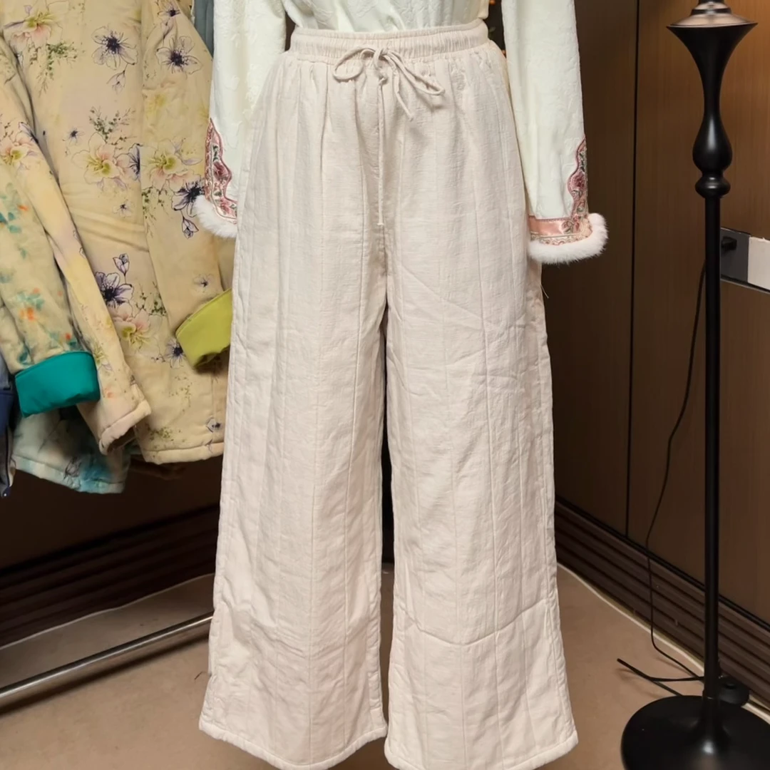 复古棉麻松紧腰系带压线夹棉加厚棉裤女冬文艺宽松百搭显瘦直筒裤