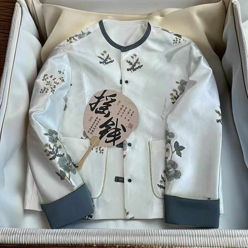 新中式复古国风圆领拼接提花长袖薄款外套----70087