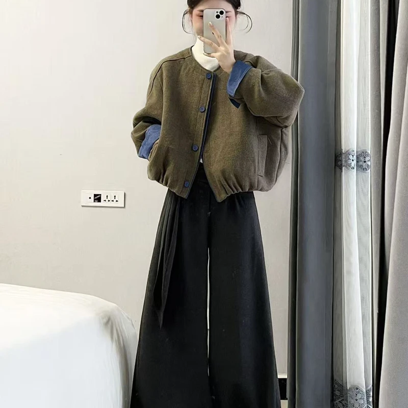 韩系松弛感慵懒风穿搭一整套早秋新款拼色短外套上衣阔腿裤两件套