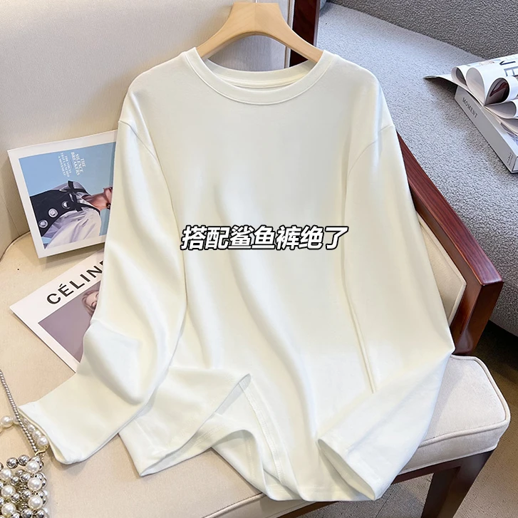 白色中长款棉质遮臀打底女配鲨鱼裤遮肚子显瘦上衣减龄春长袖T恤