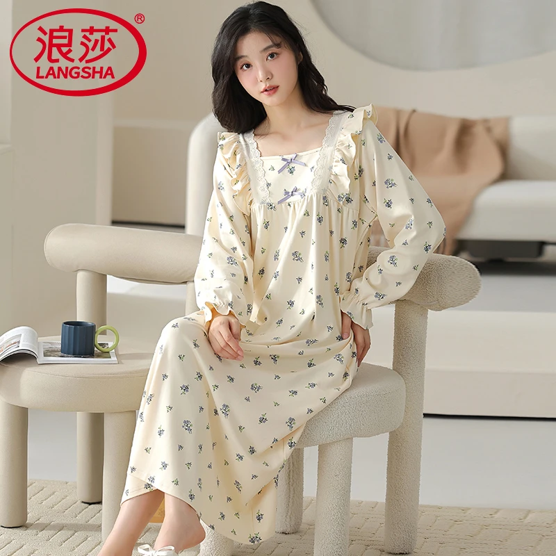 浪莎睡裙女士春秋纯棉长袖连衣裙全棉甜美中长款可外穿家居服睡衣