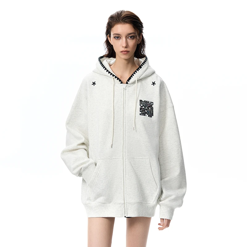 WORKSOUT小香风贴布绣贝壳边拉链卫衣连帽春秋男女开衫外套