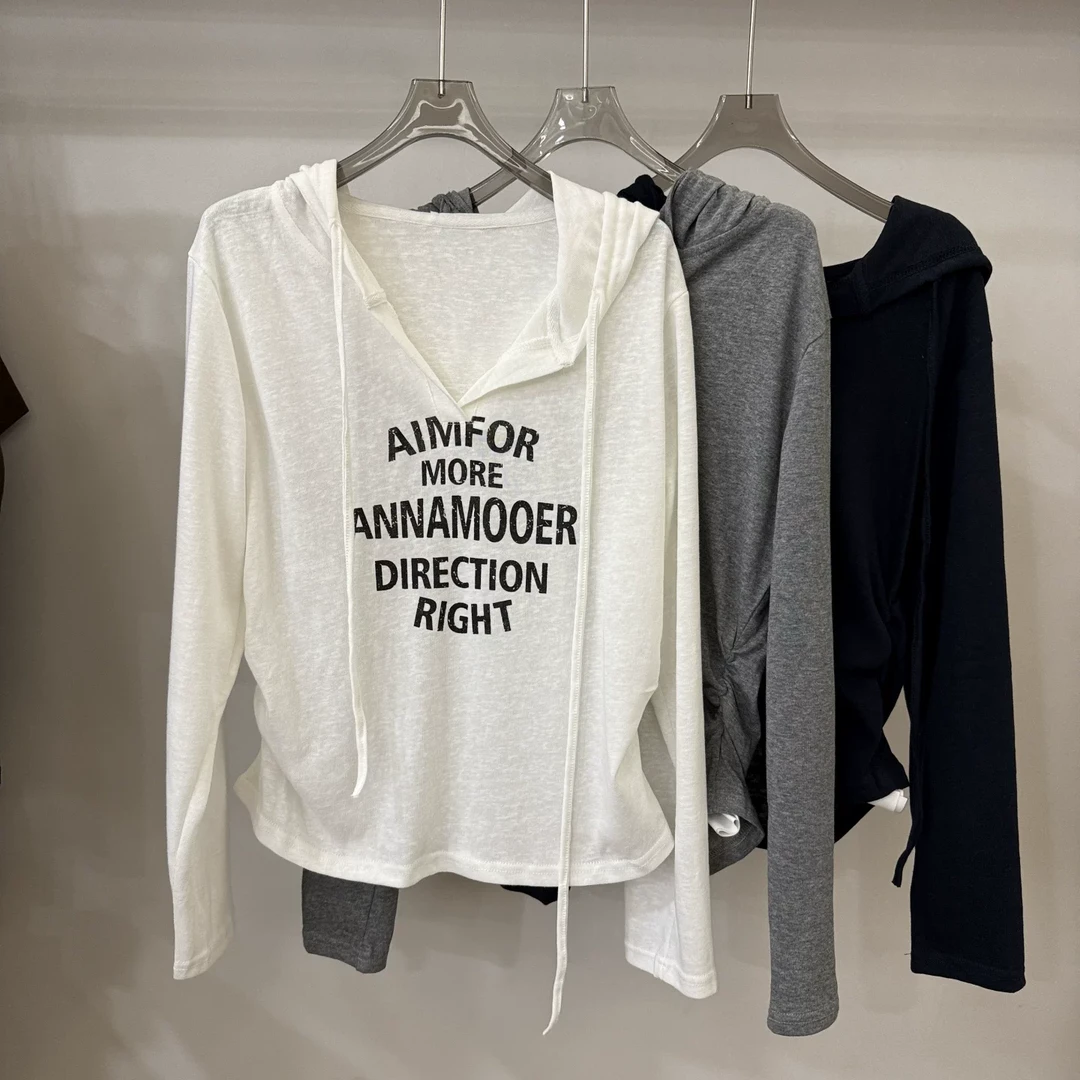 2025秋季高端欧货新款抽绳连帽印花字母侧抽褶长袖T恤女上衣帽衫