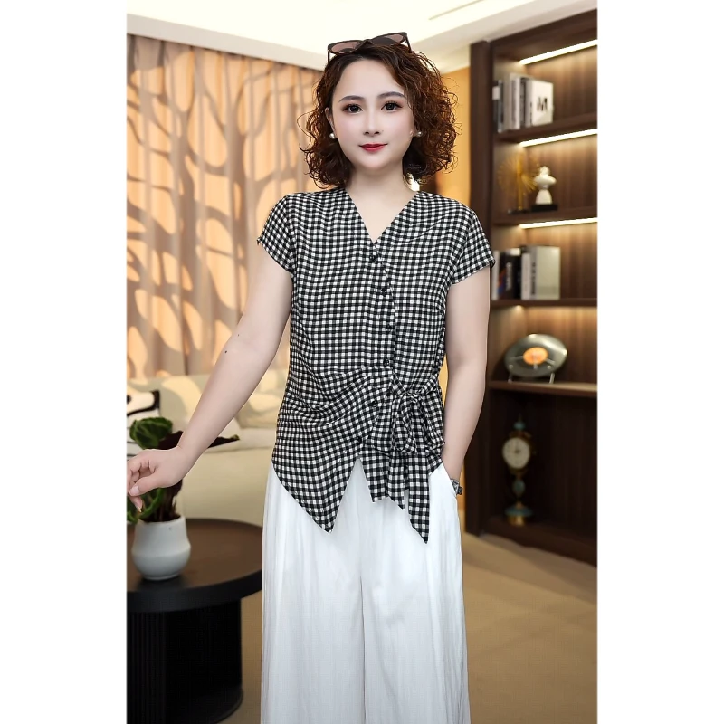 D001V领修身型遮肉显瘦系带T恤短袖