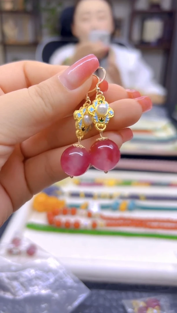 14K金镶嵌耳饰芙蓉石DIY款E890