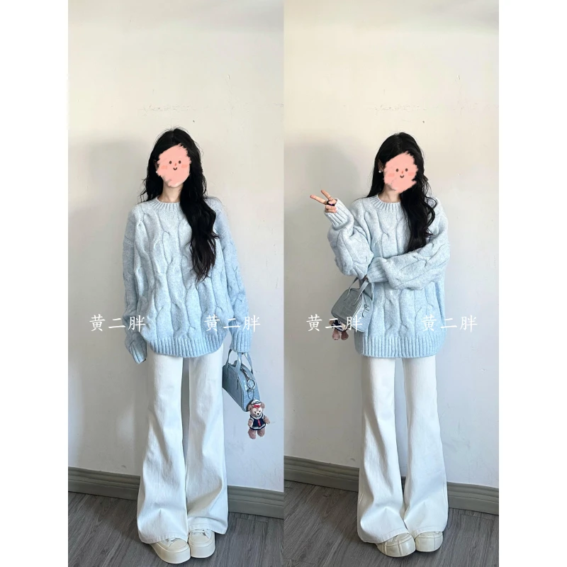 韩系慵懒麻花蓝色毛衣女宽松休闲奶fufu针织外穿上衣+微喇裤秋冬