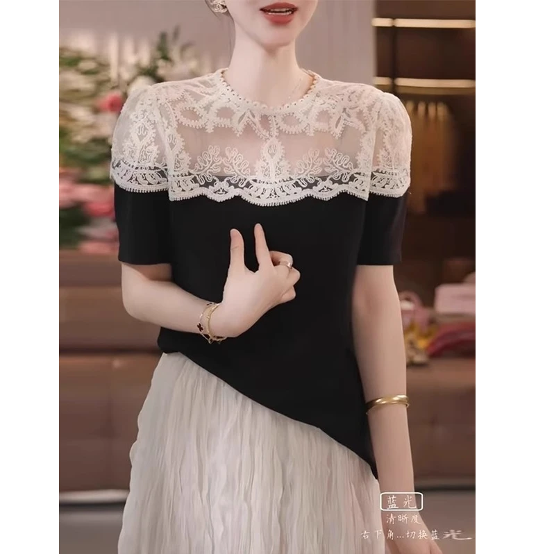 短袖T恤女2025夏季新款黑色蕾丝拼接独特漂亮小衫小众设计感上衣