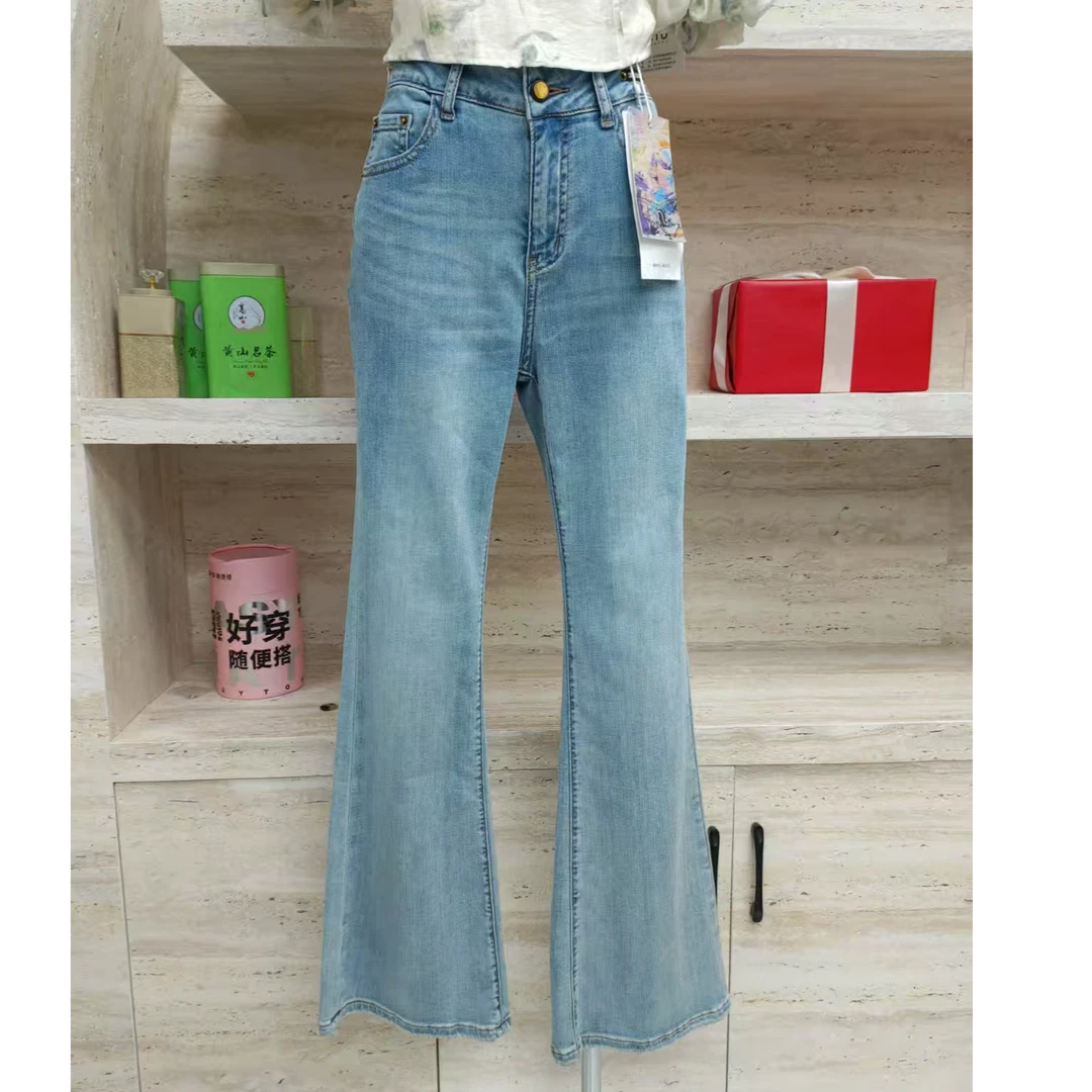 牛仔裤高腰常规长裤夏季英伦复古微喇牛仔裤休闲修身女士