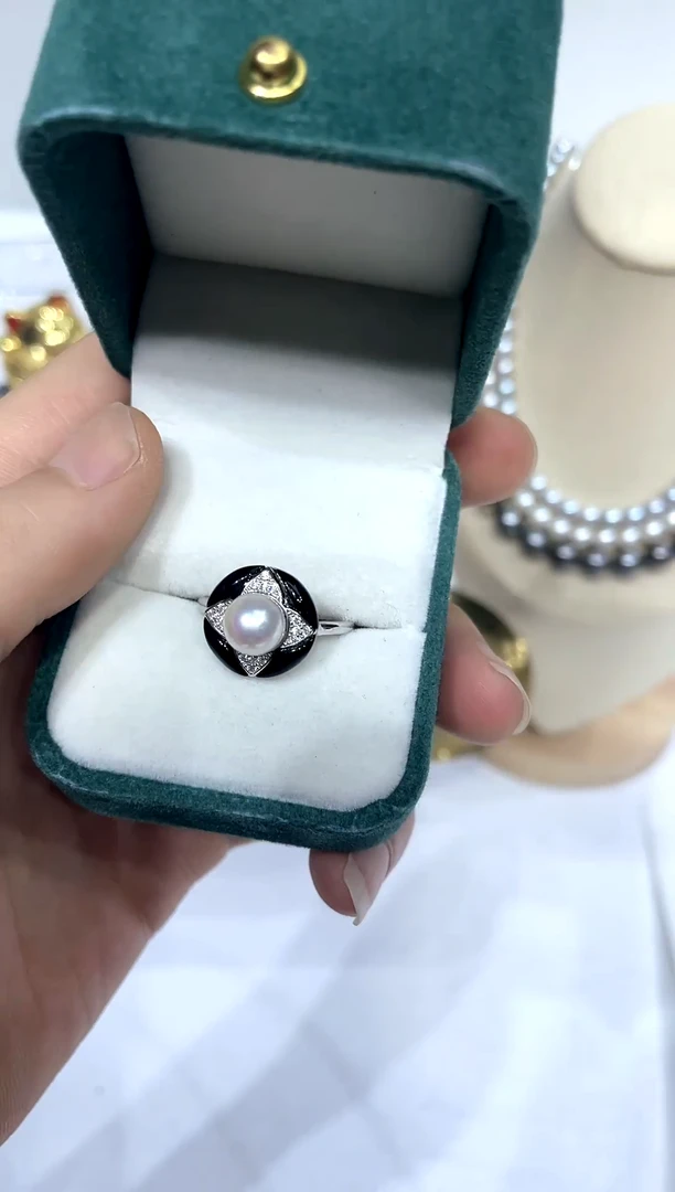 海水珍珠戒指银S925镶嵌7-8