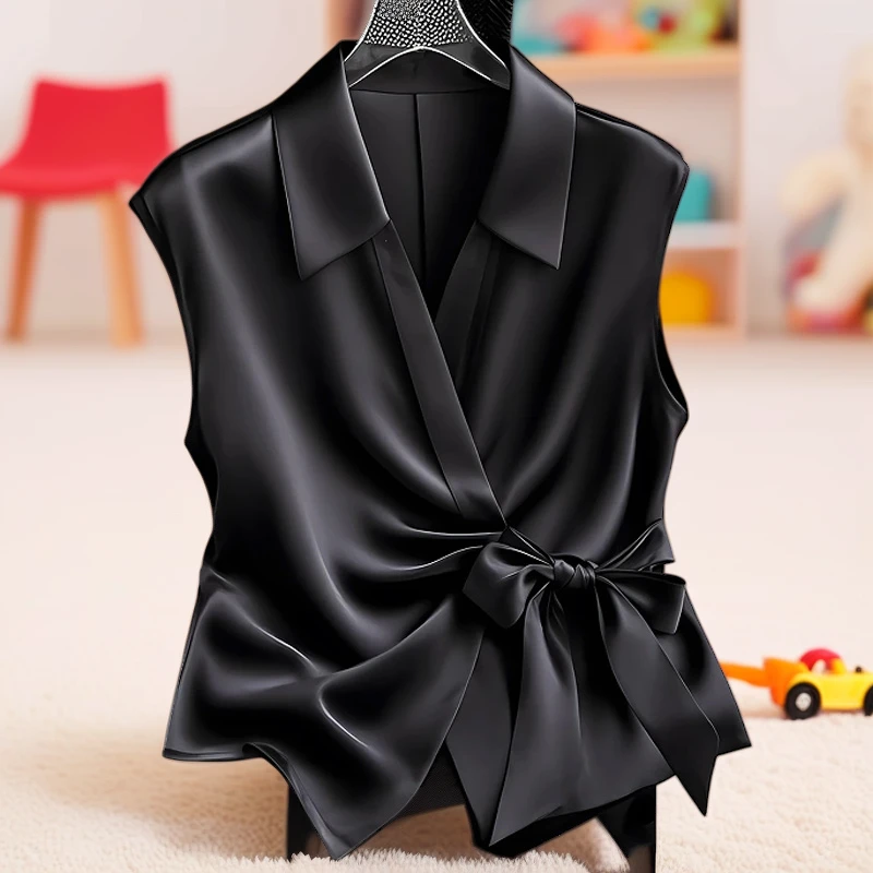 夏季新款女性法式时髦感修身显瘦V领无袖小众设计感高级气质上衣