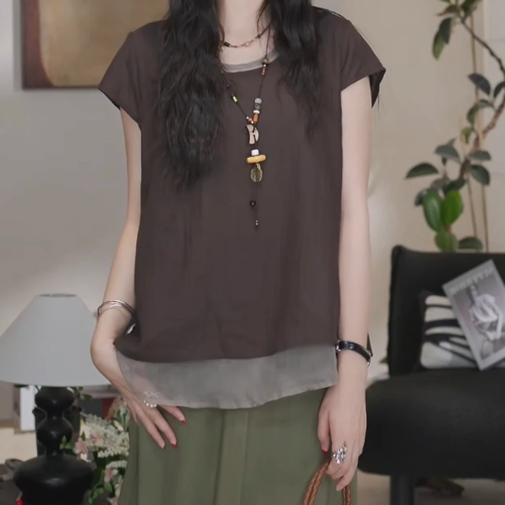 夏季新款层次拼接假两件开叉设计感显瘦咖色上衣C5218