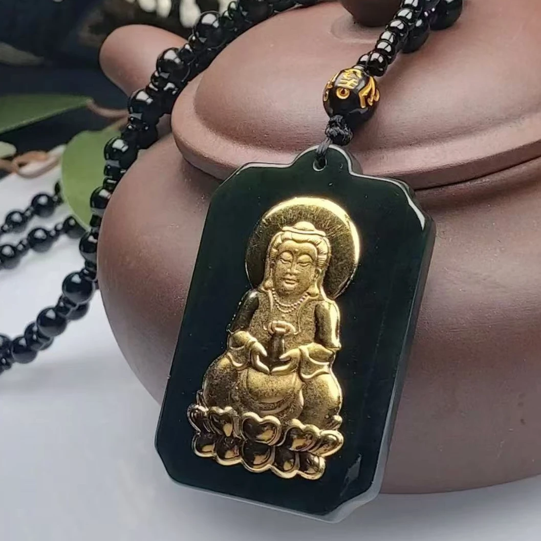 足金和田玉观音吊坠-男女同款可带-赠送礼盒证书