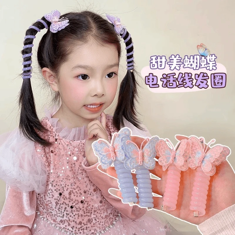 儿童新款蝴蝶电话线发圈高弹力头绳女童可爱小女孩扎辫子卷卷发饰