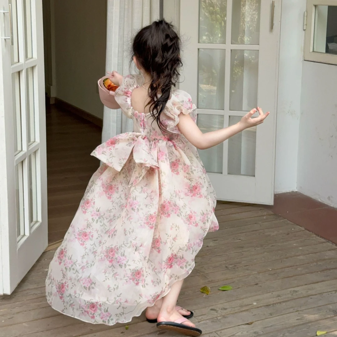 2025夏季新款女童公主裙洋气女宝碎花蝴蝶结拖尾连衣裙生日宴会裙