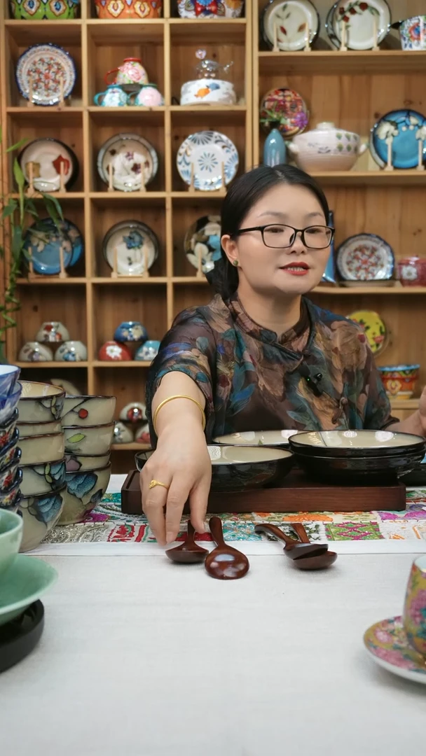 瓷片小可高温陶瓷餐具一组4只榉木小勺