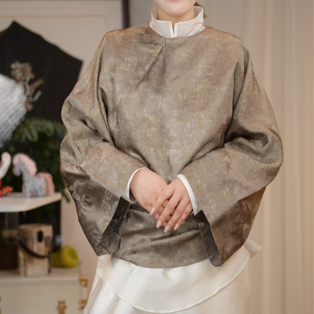 华裔陈总【若梦】中式国风香云纱提花彩莨斜开上衣