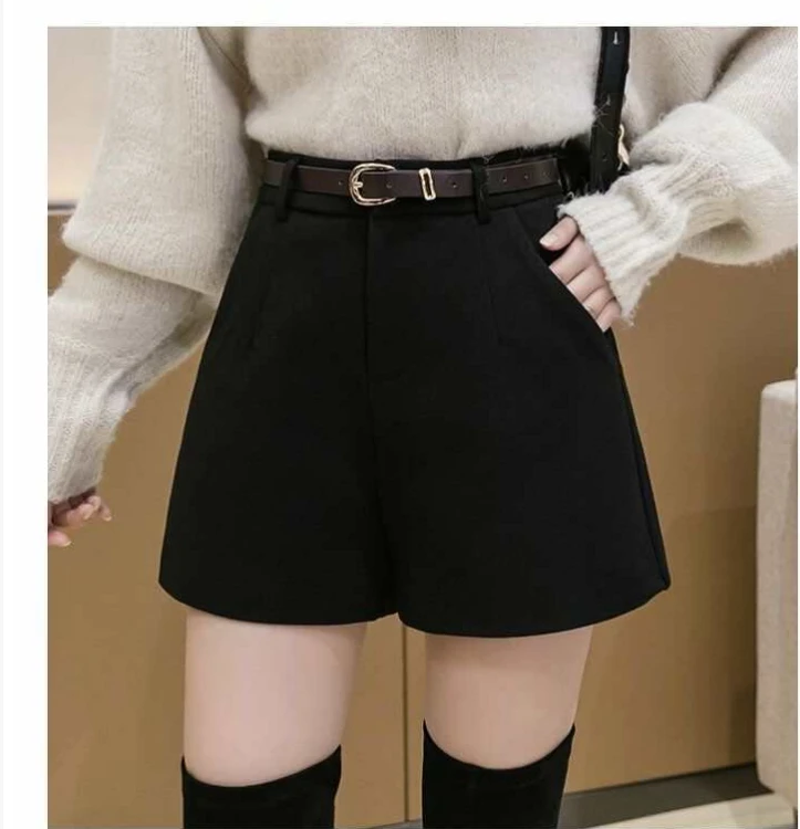 （送皮带）毛呢A字短裤女秋冬新款高腰宽松显瘦韩版休闲靴裤阔腿裤