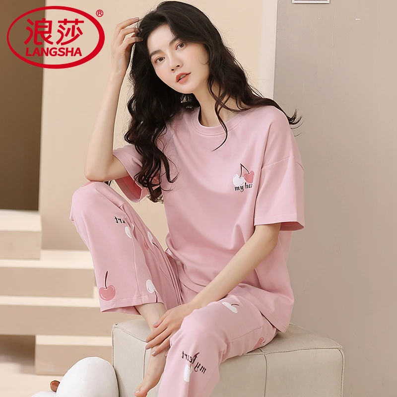 浪莎睡衣女夏款纯棉短袖长裤薄款卡通夏季可外穿全棉家居服套装