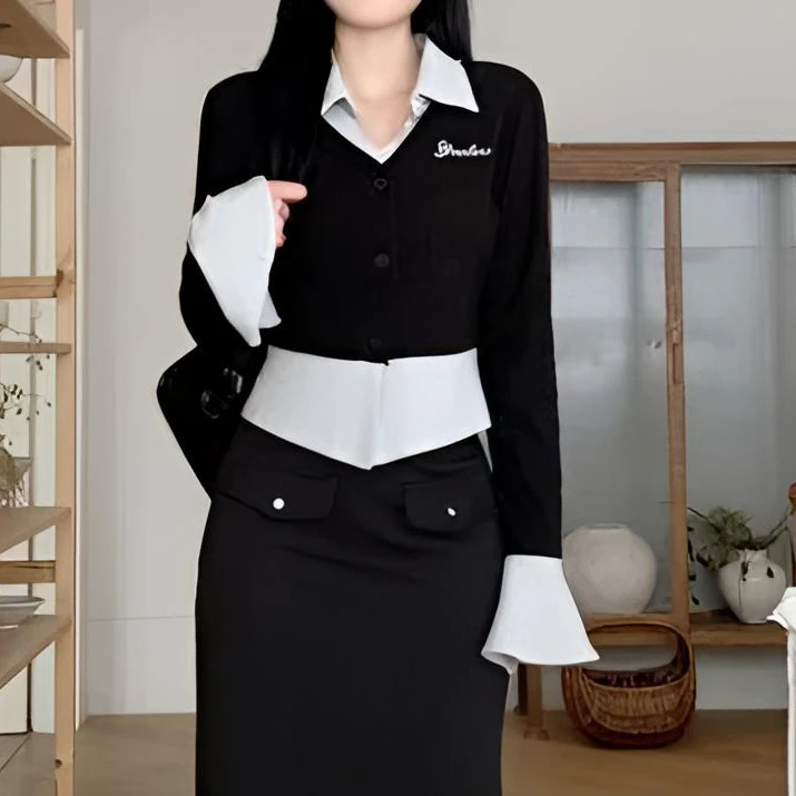 假两件撞色拼接polo领长袖开衫女秋季修身百搭设计感短款上衣