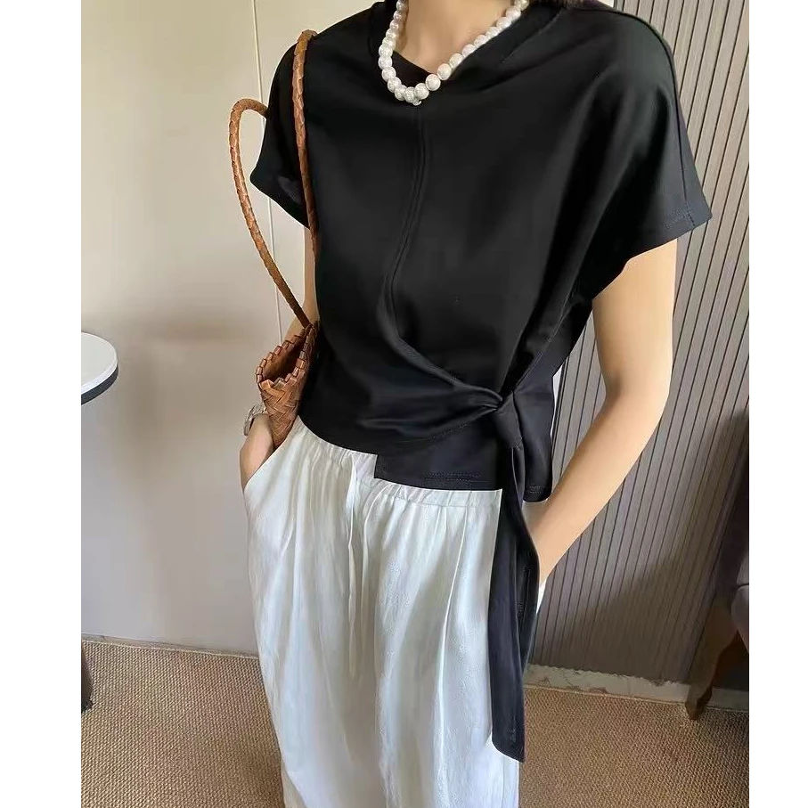 8205·T# 侧边飘带 泡菜国ins极简圆领短袖•