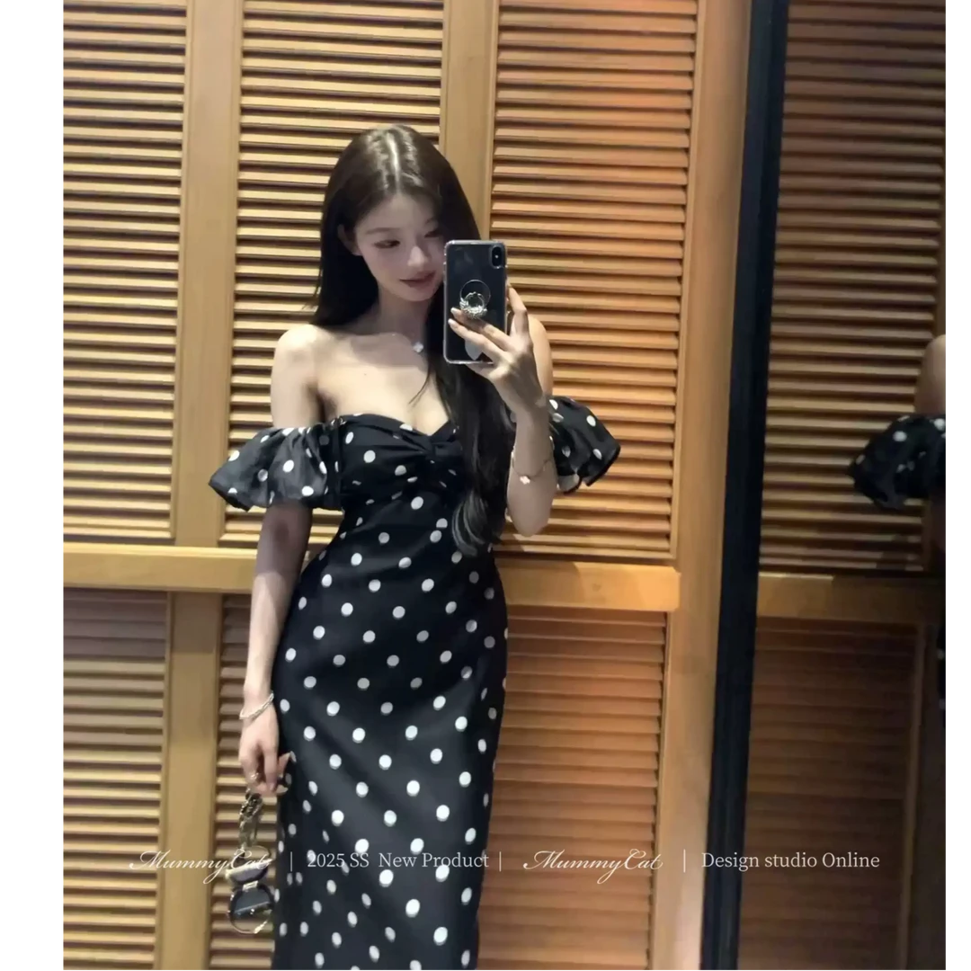 【球花】优雅复古黑白波点抹胸丰胯生日礼服长裙25SS098