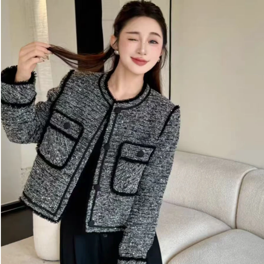 亮片小香风女2025秋新百搭感亮片拼色圆领韩版短款毛呢外套