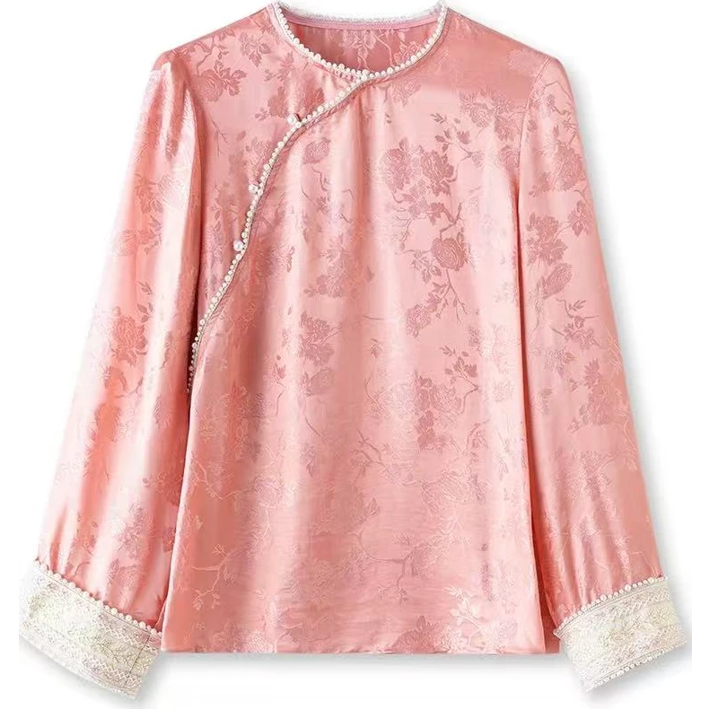 粉色高级感提花衬衫女长袖秋装新款洋气钉珠新中式轻国风上衣