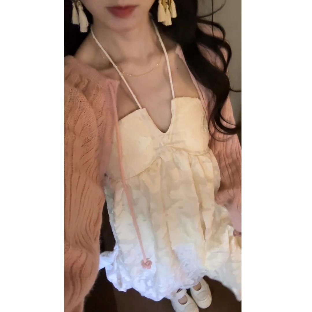 2025春季新款法式度假风长袖绑带开衫外套搭无袖挂脖连衣裙套装女