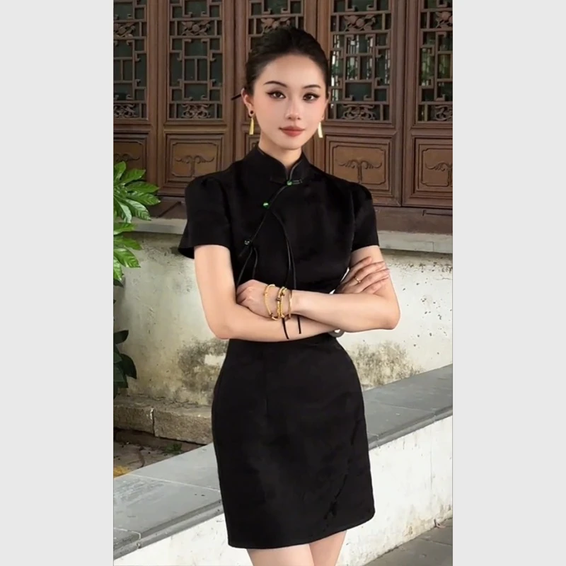 国风高级不撞款独特漂亮掐腰新中式女装黑色盘扣短袖连衣裙子女夏