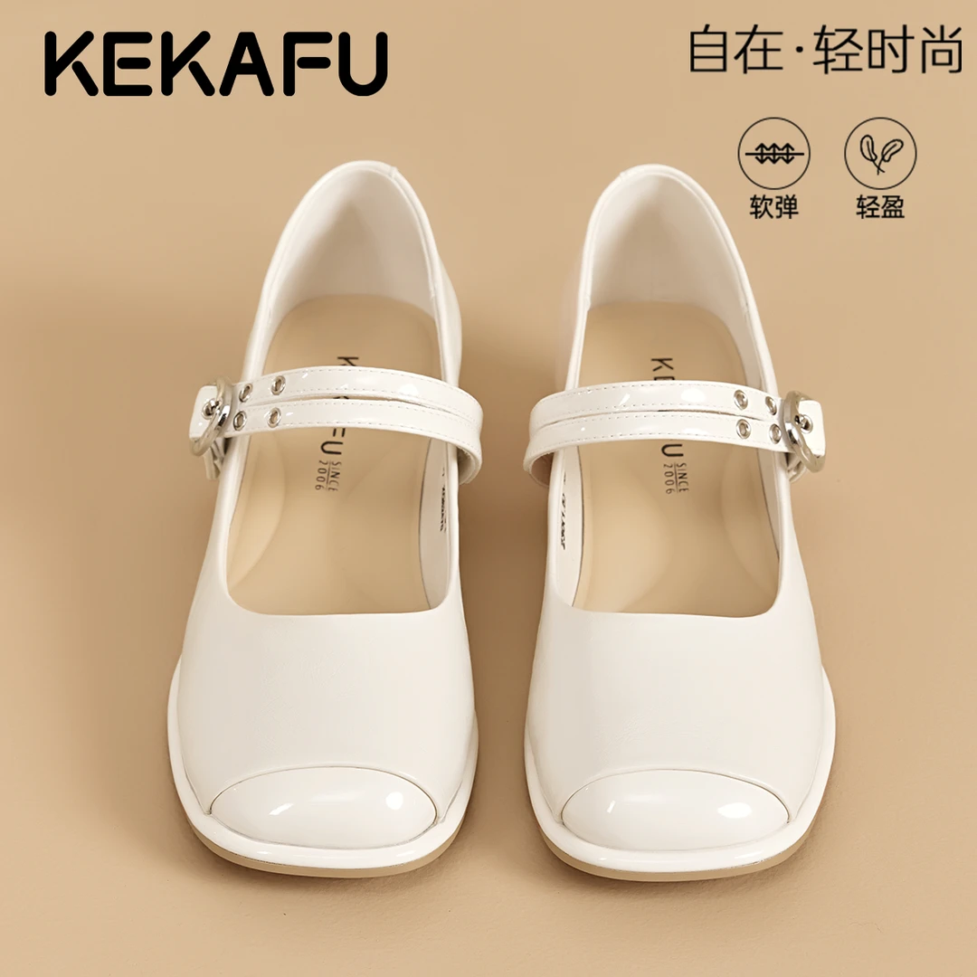 珂卡芙法式粗跟中跟小皮鞋配裙子气质单鞋2025冬季新款玛丽珍鞋女