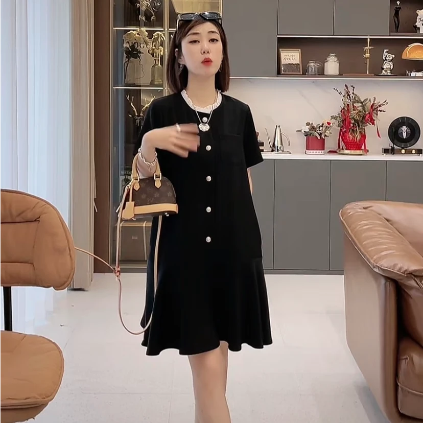 夏季薄款高级感短袖拼接连衣裙女装新款遮肚子气质显瘦A字小黑裙