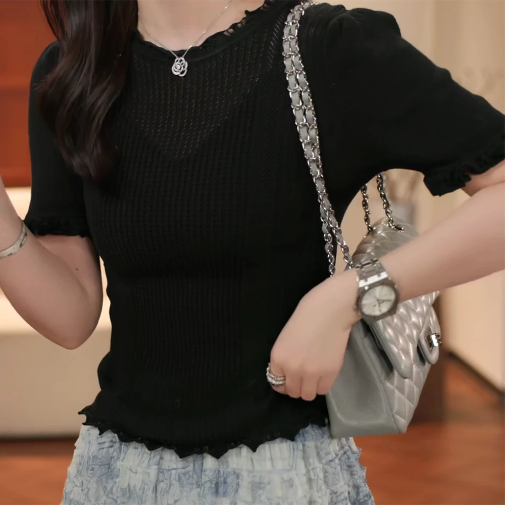 【不费力优雅】欧若风重磅进口面料打底衫短袖针织衫 百搭时尚显瘦