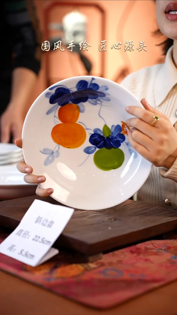 陶瓷景德镇釉中彩餐具斜边盘直径22.5高5.5