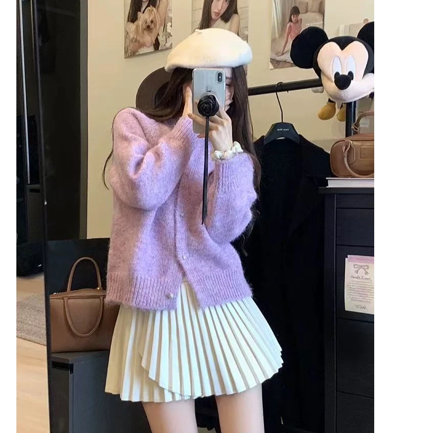 熏衣紫~圆领毛衣外套女春秋新款外套单排扣针织开衫上衣